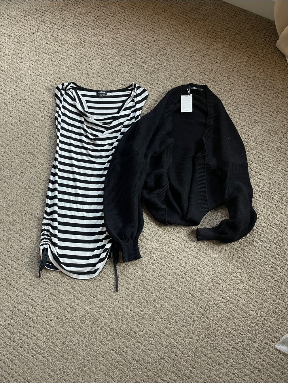S - bebe Black & White Striped Drape-Neck Mini Dress with Black Open Cardigan